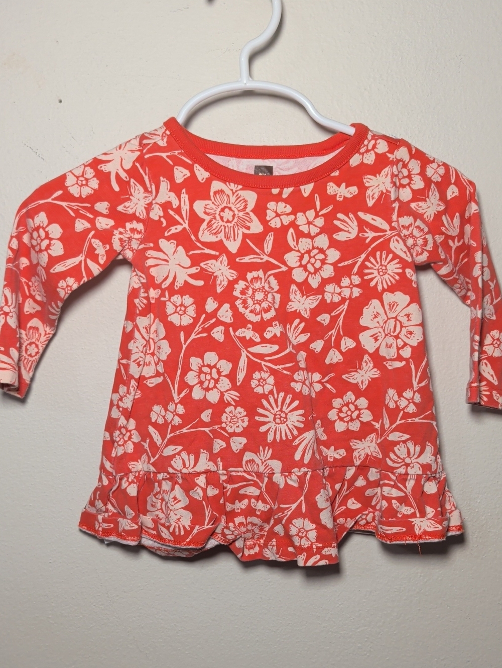Tea Collection Floral Dress Orange White Long Sleeve 100% Cotton Girls Size 3-6M